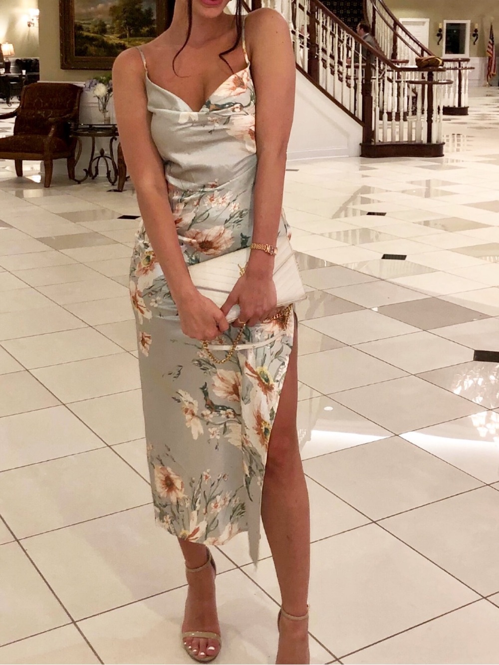 Floral Satin Slip Dress in Light Sage